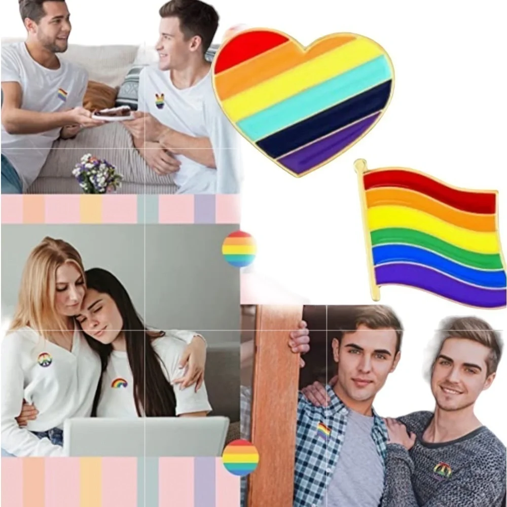 Rainbow Pin Enamel Brooches Heart and Flag LGBTQ Bright Festival Colors 2 Pieces